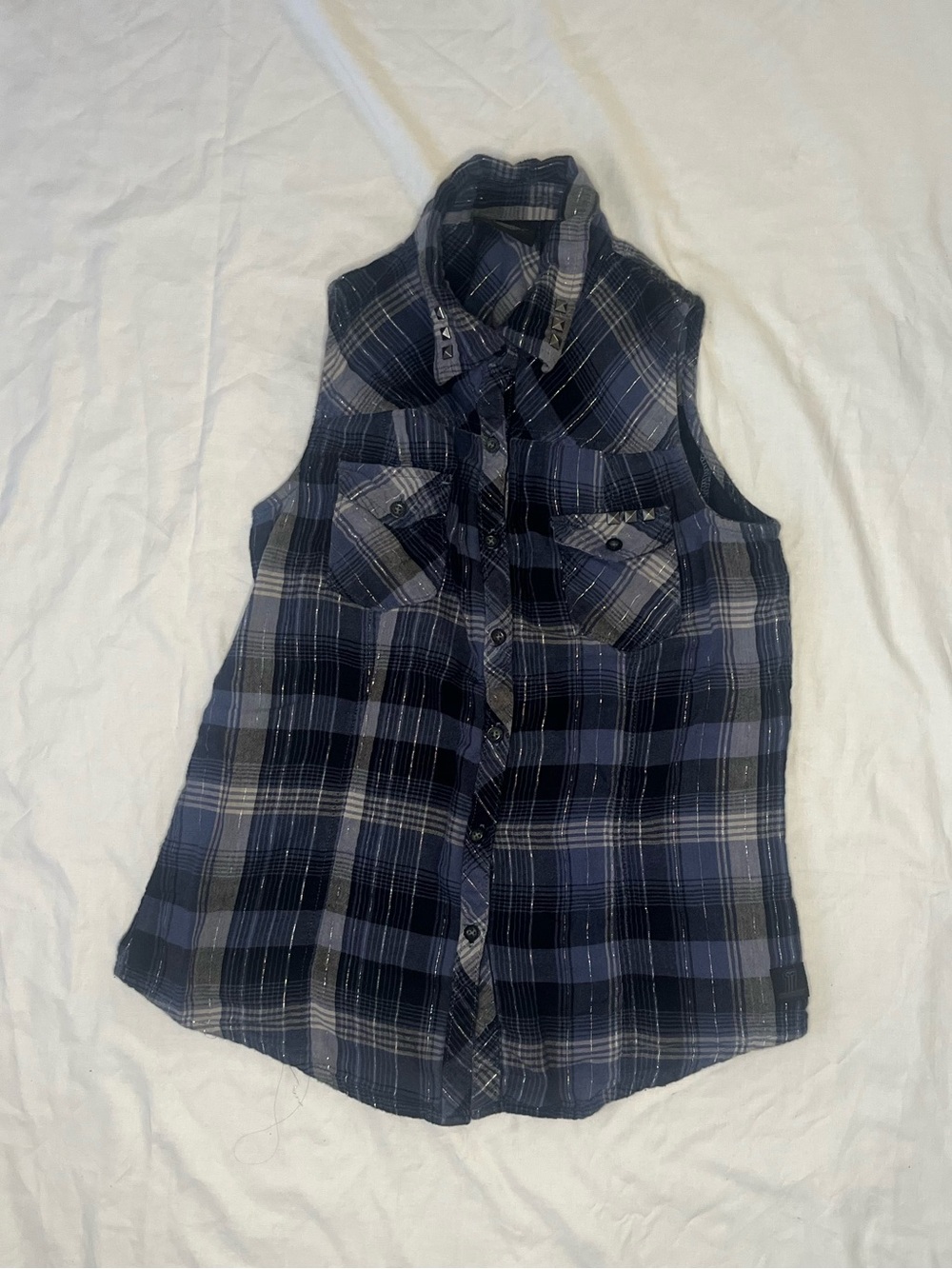 Harley-Davidson Navy and Gray Plaid Sleeveless Button-Up Size Medium Blouse